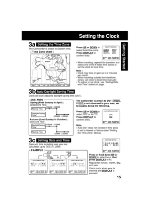 Page 1515
Getting Started
Date and time including leap year are
calculated up to DEC 31, 2099.
Spring (First Sunday in April) :
ahead one hour.
Autumn (Last Sunday in October) :
back one hour. Clock will auto-adjust to daylight saving time (DST).
Setting the Time Zone
•When traveling, repeat this operation and
select one of the 8 listed time zones to
set the clock to local time.
Press 
UP or DOWN to
select OFF or AUTO.
Press 
DISPLAY to
confirm entry. Press 
UP or DOWN to
select local time zone.
Press 
DISPLAY...