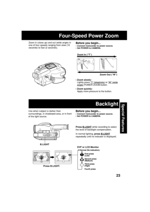 Page 2323
Special Features
Four-Speed Power Zoom
• Zoom slowly:
Lightly press “T” (telephoto) or “W” (wide
angle) POWER ZOOM button.
• Zoom quickly:
Apply more pressure to the button.Zoom In (“T”)
Zoom Out (“W”) T
W
Before you begin...
• Connect Camcorder to power source.
• Set POWER to CAMERA.
Zoom in (close up) and out (wide angle) in
one of four speeds ranging from slow (16
seconds) to fast (2 seconds).
Use when subject is darker than
surroundings, in shadowed area, or in front
of the light source.Before you...