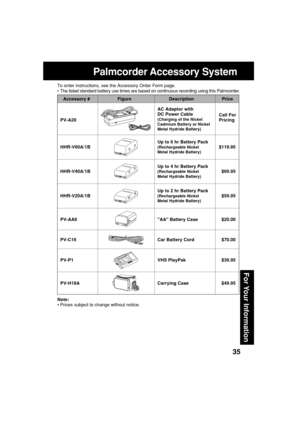 Page 3535
For Your Information
Palmcorder Accessory System
To order instructions, see the Accessory Order Form page.
•The listed standard battery use times are based on continuous recording using this Palmcorder.
Note:
•Prices subject to change without notice.
Accessory # Figure Description Price
AC Adaptor with
DC Power Cable
Call For
PV-A20
(Charging of the NickelPricingCadmium Battery or Nickel
Metal Hydride Battery)
Up to 6 hr Battery Pack
HHR-V60A/1B
(Rechargeable Nickel$119.95Metal Hydride Battery)
Up to...