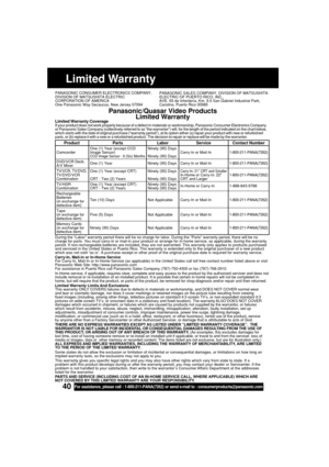 Page 4040For assistance, please call : 1-800-211-PANA(7262) or send e-mail to : consumerproducts@panasonic.com
Limited Warranty
PANASONIC CONSUMER ELECTRONICS COMPANY,
DIVISION OF MATSUSHITA ELECTRIC
CORPORATION OF AMERICA
One Panasonic Way Secaucus, New Jersey 07094PANASONIC SALES COMPANY, DIVISION OF MATSUSHITA
ELECTRIC OF PUERTO RICO, INC.,
AVE. 65 de Infantería, Km. 9.5 San Gabriel Industrial Park,
Carolina, Puerto Rico 00985
Panasonic/Quasar Video Products
Limited Warranty
Limited Warranty CoverageIf your...