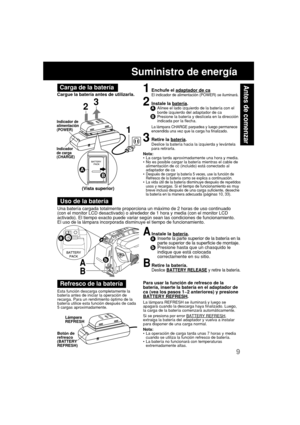 Page 519
Antes de comenzar
Suministro de energía
Para usar la función de refresco de la
batería, inserte la batería en el adaptador de
ca (vea los pasos 1~2 anteriores) y presione
BATTERY REFRESH.
La lámpara REFRESH se iluminará y luego se
apagará cuando la descarga haya finalizado. Luego,
la carga de la batería comenzará automáticamente.
Si se presiona por error 
BATTERY REFRESH,
extraiga la batería del adaptador y vuelva a instalar
para disponer de una carga normal.
Nota:
•La operación de carga tarda unas 7...