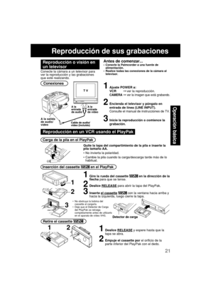 Page 6321
Operación básica
Reproducción de sus grabaciones
Conexiones
A la salida
de audio/
vídeo
Conecte la cámara a un televisor para
ver la reproducción y las grabaciones
que esté realizando.
Carga de la pila en el PlayPak
1Ajuste POWER a:
VCRver la reproducción.
CAMERAver la imagen que está grabando.
2Encienda el televisor y póngalo en
entrada de línea (LINE INPUT).
Consulte el manual de instrucciones de TV.
3Inicie la reproducción o comience la
grabación.
Antes de comenzar...•Conecte la Palmcorder a una...