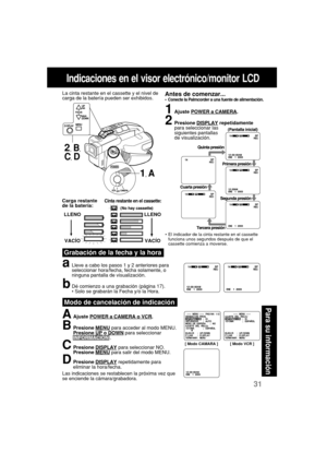 Page 7331
Para su informaci
ón
Indicaciones en el visor electrónico/monitor LCD
aLleve a cabo los pasos 1 y 2 anteriores para
seleccionar hora/fecha, fecha solamente, o
ninguna pantalla de visualización.
bDé comienzo a una grabación (página 17).
• Solo se grabarán la Fecha y/o la Hora.
•El indicador de la cinta restante en el cassette
funciona unos segundos después de que el
cassette comienza a moverse.
AAjuste POWER a CAMERA o VCR.
BPresione MENU para acceder al modo MENU.
Presione UP o DOWN para seleccionar...