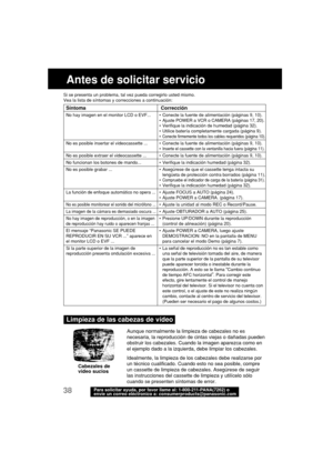 Page 8038Para solicitar ayuda, por favor llame al: 1-800-211-PANA(7262) o
envíe un correo eléctronico a: consumerproducts@panasonic.com
Antes de solicitar servicio
Aunque normalmente la limpieza de cabezales no es
necesaria, la reproducción de cintas viejas o dañadas pueden
obstruir los cabezales. Cuando la imagen aparezca como en
el ejemplo dado a la izquierda, debe limpiar los cabezales.
Idealmente, la limpieza de los cabezales debe realizarse por
un técnico cualificado. Cuando esto no sea posible, compre
un...