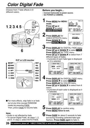 Page 2626For assistance, please call : 1-800-211-PANA(7262) or send e-mail to : consumerproducts@panasonic.com
6
For more effects, stop fade in or fade
out at any time (except RANDOM
mode) by pressing 
FADE.
Then, press 
FADE to resume fade.
Before you begin...
•Connect Camcorder to power source.
•Set POWER to CAMERA.
Color Digital Fade
Choose from 7 fade effects in 8
different colors.
Note:
• Audio is not affected by fade.
• To cancel Digital Fade, do steps 1, 2,
and 5. In step 2, select AUTO FADE.
1Press...