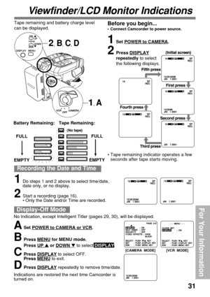 Page 3131
For Your Information
Viewfinder/LCD Monitor Indications
Recording the Date and Time
1Do steps 1 and 2 above to select time/date,
date only, or no display.
2Start a recording (page 16).
• Only the Date and/or Time are recorded.
1Set POWER to CAMERA.
2Press DISPLAY
repeatedly to select
the following displays.
FULL
EMPTY
Tape Remaining: Battery Remaining:
FULL
EMPTY
•Tape remaining indicator operates a few
seconds after tape starts moving.
ASet POWER to CAMERA or VCR.
BPress MENU for MENU mode.
Press 
UP...