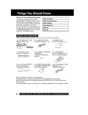 Page 22For assistance, please call : 1-800-211-PANA(7262) or send e-mail to : consumerproducts@panasonic.com
Things You Should Know
Thank you for choosing Panasonic!
You have purchased one of the most
sophisticated and reliable products on the
market today. Used properly, it will bring
you years of enjoyment. Please take time
to fill in the information to the right.
The serial number is on the tag located on
the rear side of your Camcorder. Be sure
to retain this manual as your convenient
Camcorder information...