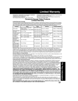 Page 5757
For Your Information
Limited Warranty
PANASONIC CONSUMER ELECTRONICS COMPANY,
DIVISION OF MATSUSHITA ELECTRIC
CORPORATION OF AMERICA
One Panasonic Way Secaucus, New Jersey 07094PANASONIC SALES COMPANY, DIVISION OF MATSUSHITA
ELECTRIC OF PUERTO RICO, INC.,
AVE. 65 de Infantería, Km. 9.5 San Gabriel Industrial Park,
Carolina, Puerto Rico 00985
Panasonic/Quasar Video Products
Limited Warranty
Limited Warranty CoverageIf your product does not work properly because of a defect in materials or workmanship,...