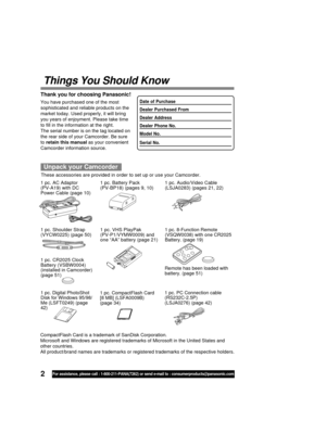 Page 22For assistance, please call : 1-800-211-PANA(7262) or send e-mail to : consumerproducts@panasonic.com
Things You Should Know
Thank you for choosing Panasonic!
You have purchased one of the most
sophisticated and reliable products on the
market today. Used properly, it will bring
you years of enjoyment. Please take time
to fill in the information at the right.
The serial number is on the tag located on
the rear side of your Camcorder. Be sure
to retain this manual as your convenient
Camcorder information...