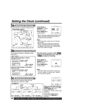 Page 1414For assistance, please call : 1-800-211-PANA(7262) or send e-mail to : consumerproducts@panasonic.com
Date and time including leap year are
calculated up to DEC 31, 2099.
Spring (First Sunday in April) :
ahead one hour.
Autumn (Last Sunday in October) :
back one hour. Clock will auto-adjust to daylight saving
time (DST).
- - DAYLIGHT SAVING TIME - -
SELECT :  PUSH  / KEY
SET        :  PUSH  DISPLAY  KEY
AUTO
OFF
ATLANTIC ATLANTIC EASTERN EASTERN CENTRAL CENTRAL MOUNTAIN MOUNTAIN
PACIFIC PACIFIC...