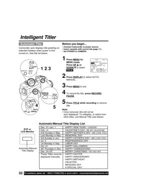 Page 3232For assistance, please call : 1-800-211-PANA(7262) or send e-mail to : consumerproducts@panasonic.com
SELECT :  PUSH  /  KEY
SET :  PUSH  D I SPLAY  KEY
END :  PUSH  MENU  KEY
---  MENU  ---   PAGE  1 / 2PROGRAMMED  REC
T I TLE;  AUTO/MANUAL
SHUTTER ;  AUTO
STAND-BY  RELEASE  ;  OFF
CLOCK  SET
Automatic/Manual Title Display List
Automatic Title
Camcorder auto-displays title greeting on
selected holidays when power is first
turned on. See title list below.
Intelligent Titler
1Press MENU for
MENU...
