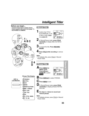 Page 3333
Special Features
Intelligent Titler
Manual Title
1Confirm that TITLE:
AUTO/MANUAL is set
in Menu mode (
steps
1~3, page 32).
2In Record/Pause mode, press TITLE
repeatedly to display titles from list on
page 32.
3To record the title, Press RECORD/
PAUSE.
4Press TITLE while recording to remove
title.
Note:
• To redisplay title, press 
TITLE in Record/
Pause mode.
Before you begin...
• Connect Camcorder to power source.
• Insert cassette with record tab (page 11).
• Set POWER to CAMERA.
(no indication)...