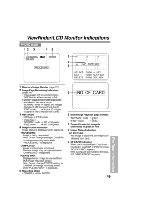 Page 4949
For Your Information
Viewfinder/LCD Monitor Indications
PHOTO mode
1Directory/Image Number (page 37)
2Image Page Remaining Indication
(page 35)
• Image pages left in selected mode.
“000” flashes when memory is full.
• Memory capacity provided all pictures
are taken in the same mode:
“NORMAL” modeApprox 240 images
(Supplied 8 MB CompactFlash Card)
“FINE” modeApprox 60 images
(Supplied 8 MB CompactFlash Card)
3REC MODE
• NORMAL or FINE mode.
• Image Size :
“NORMAL” mode 320 x 240 pixels.
“FINE” mode...