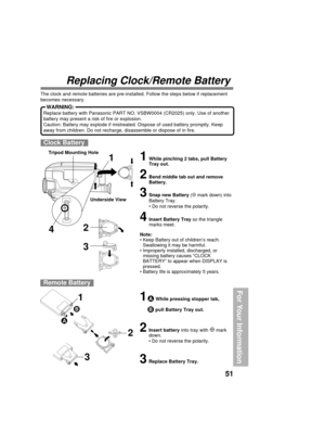 Page 5151
For Your Information
Replacing Clock/Remote Battery
Clock Battery
1While pinching 2 tabs, pull Battery
Tray out.
2Bend middle tab out and remove
Battery.
3Snap new Battery ( mark down) into
Battery Tray.
• Do not reverse the polarity.
4Insert Battery Tray so the triangle
marks meet.
Note:
• Keep Battery out of children’s reach.
Swallowing it may be harmful.
• Improperly installed, discharged, or
missing battery causes “CLOCK
BATTERY” to appear when DISPLAY is
pressed.
• Battery life is approximately...