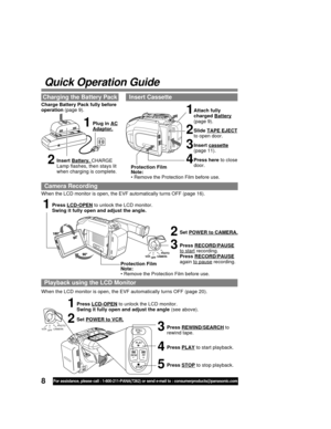 Page 88For assistance, please call : 1-800-211-PANA(7262) or send e-mail to : consumerproducts@panasonic.com
BATTERY
    PACK
Quick Operation Guide
When the LCD monitor is open, the EVF automatically turns OFF (page 20).
1Press LCD-OPEN to unlock the LCD monitor.
Swing it fully open and adjust the angle.
2Set POWER to CAMERA.
3Press RECORD/PAUSEto start recording.
Press 
RECORD/PAUSE
again to pause recording. When the LCD monitor is open, the EVF automatically turns OFF (page 16).
1Attach fully
charged...