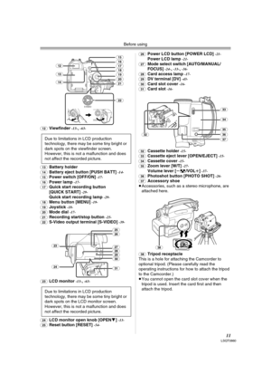 Page 11Before using
11LSQT0860
(12)Viewfinder -13-,-63-
(13)
Battery holder(14)Battery eject button [PUSH BATT] -14-
(15)Power switch [OFF/ON] -17-
(16)Power lamp -17-
(17)Quick start recording button 
[QUICK START] -29-Quick start recording lamp -29-
(18)Menu button [MENU] -19-
(19)Joystick -18-
(20)Mode dial -17-
(21)Recording start/stop button -25-
(22)S-Video output terminal [S-VIDEO] -39-
(23)
LCD monitor -13-,-63- 
(24)LCD monitor open knob [OPEN4] -13-
(25)Reset button [RESET] -54-(26)
Power LCD button...