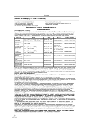 Page 70Others
70LSQT0860
Limited Warranty (For USA Customers)
Panasonic/Quasar Video Products 
Limited Warranty 
Product
Camcorder
DVD/VCR Deck,
A/V Mixer 
TV/VCR, TV/DVD,
TV/DVD/VCR
Combination 
TV/HDR
Combination
Rechargeable
Batteries
(in exchange for
defective item)  
Tape
(in exchange for
defective item)   
Memory Cards
(in exchange for
defective item)   
LaborNinety (90) Days 
Ninety (90) Days 
Ninety (90) Days 
Ninety (90) Days 
Ninety (90) Days 
Ninety (90) Days 
Ninety (90) Days 
Not Applicable 
Not...