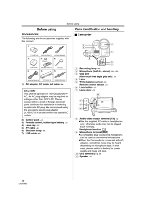 Page 10Before using
10LSQT0860
Before using
Accessories
The following are the accessories supplied with 
this product.
1) AC adaptor, DC cable, AC cable 
-14-
2) Battery pack -14-3) Remote control, button-type battery -22-4) Lens cap -12-5) AV cable -42-6) Shoulder strap -12-7) USB cable -45-
Parts identification and handling
ªCamcorder
(1)Recording lamp -51-
(2)Microphone (built-in, stereo) -28-,-31-
(3)Grip belt
(One-touch free style grip belt) -12-
(4)Lens(5)White balance sensor -35-Remote control sensor...