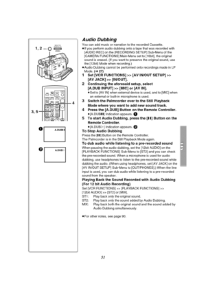 Page 5151
Audio Dubbing
You can add music or narration to the recorded Cassette.
≥If you perform audio dubbing onto a tape that was recorded with 
[AUDIO REC] on the [RECORDING SETUP] Sub-Menu of the 
[CAMERA FUNCTIONS] Main-Menu set to [16bit], the original 
sound is erased.
 (If you want to preserve the original sound, use 
the [12bit] Mode when recording.)
≥Audio Dubbing cannot be performed onto recordings made in LP 
Mode. (l27)
1Set [VCR FUNCTIONS] >> [AV IN/OUT SETUP] >> 
[AV JACK] >> [IN/OUT]....