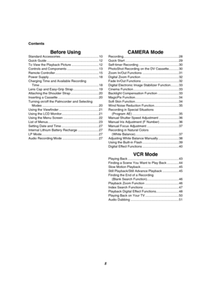 Page 88
Contents
Before UsingStandard Accessories .......................................... 10
Quick Guide .........................................................12
To View the Playback Picture ..............................12
Controls and Components ................................... 13
Remote Controller ................................................15
Power Supply ....................................................... 18
Charging Time and Available Recording 
Time...