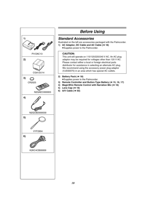 Page 1010
K2KC4CB00009 CR2025
N2QAEC000003
N2QCBD000030
CGA-DU14
VYF2904 1)
2)
3)
6) 5) 4)
PV-DAC13
Before Using
Standard Accessories
Illustrated on the left are accessories packaged with the Palmcorder.
1) AC Adaptor, DC Cable and AC Cable (l 18)
≥Supplies power to the Palmcorder.
2) Battery Pack (l 18)
≥Supplies power to the Palmcorder.
3) Remote Controller and Button-Type Battery (l 15, 16, 17)
4) MagicWire Remote Control with Narration Mic (l 16)
5) Lens Cap (l 19)
6) A/V Cable (l 50)
CAUTION:
This unit...