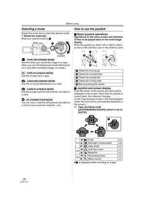 Page 20Before using
20LSQT1181
Selecting a mode
Rotate the mode dial to select the desired mode.1Rotate the mode dial.≥Set your desired mode to 1.
: TAPE RECORDING MODEUse this when you record the image on a tape. 
(Also, you can simultaneously record still pictures 
on a card while recording images on a tape.)
: TAPE PLAYBACK MODE Use this to play back a tape.
: CARD RECORDING MODE Use this to record still pictures on a card.
: CARD PLAYBACK MODEUse this to play back the still pictures recorded on 
a card.
:...