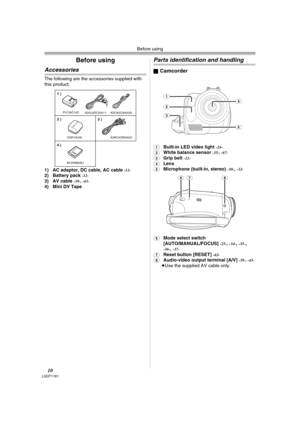 Page 10Before using
10LSQT1181
Before using
Accessories
The following are the accessories supplied with 
this product.
1) AC adaptor, DC cable, AC cable 
-12-2) Battery pack -12-3) AV cable -39-, -43-4) Mini DV Tape
Parts identification and handling
ªCamcorder
(1)Built-in LED video light -24-
(2)White balance sensor -35-, -67-
(3)Grip belt -12-
(4)Lens (5)Microphone (built-in, stereo) -30-,-32-
(6)
Mode select switch 
[AUTO/MANUAL/FOCUS] -25-,-34-,-35-, -36-, -37-
(7)Reset button [RESET] -62-
(8)Audio-video...