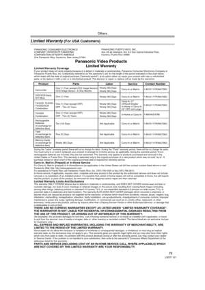 Page 75Others
75LSQT1121
Limited Warranty (For USA Customers)
Panasonic Video Products 
Limited Warranty 
Product
Camcorder
DVD/VCR Deck,
A/V Mixer 
TV/VCR, TV/DVD,
TV/DVD/VCR
Combination 
TV/HDR
Combination
Rechargeable
Batteries
(in exchange for
defective item)  
Tape
(in exchange for
defective item)   
Memory Cards
(in exchange for
defective item)   
LaborNinety (90) Days 
Ninety (90) Days 
Ninety (90) Days 
Ninety (90) Days 
Ninety (90) Days 
Ninety (90) Days 
Ninety (90) Days 
Not Applicable 
Not...