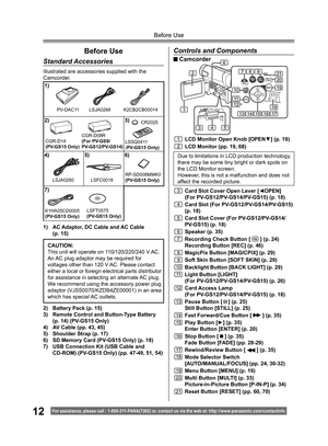 Page 1212For assistance, please call : 1- 800-211- PANA(7262) or, contact us via the web at: http://w w w.panasonic.com /contactinfo
Before Use
Before Use
Standard Accessories
Illustrated are accessories supplied with the 
Camcorder.
1)  AC Adaptor, DC Cable and AC Cable
 (p. 15)
1)
2) 3)
4) 5) 6)
7)
PV-DAC11
LSSQ0411
(PV-GS15 Only)
LSJA0280 LSFC0018RP-SD008MMK0
(PV-GS15 Only)
K1HA05CD0005
(PV-GS15 Only)LSFT0575
(PV-GS15 Only)
2)  Battery Pack (p. 15)
3)  Remote Control and Button-Type Battery
  (p. 14)...