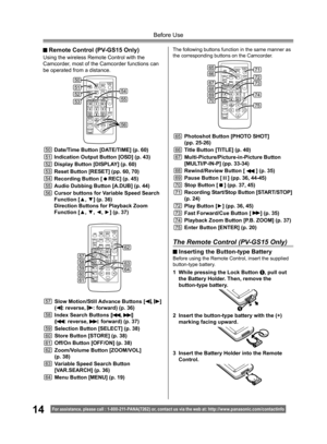 Page 1414For assistance, please call : 1- 800-211- PANA(7262) or, contact us via the web at: http://w w w.panasonic.com /contactinfo
Before Use
  Remote Control (PV-GS15 Only)
Using the wireless Remote Control with the 
Camcorder, most of the Camcorder functions can 
be operated from a distance.
The following buttons function in the same manner as 
the corresponding buttons on the Camcorder.
65Photoshot Button [PHOTO SHOT]
(pp. 25-26)
66Title Button [TITLE] (p. 40)
67Multi-Picture/Picture-in-Picture Button...