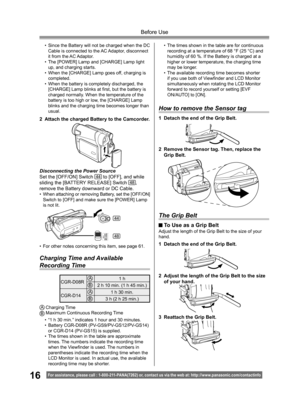 Page 1616For assistance, please call : 1- 800-211- PANA(7262) or, contact us via the web at: http://w w w.panasonic.com /contactinfo
Before Use
•  Since the Battery will not be charged when the DC 
Cable is connected to the AC Adaptor, disconnect 
it from the AC Adaptor.
•  The [POWER] Lamp and [CHARGE] Lamp light 
up, and charging starts.
•  When the [CHARGE] Lamp goes off, charging is 
completed.
•  When the battery is completely discharged, the 
[CHARGE] Lamp blinks at ﬁ 
rst, but the battery is 
charged...