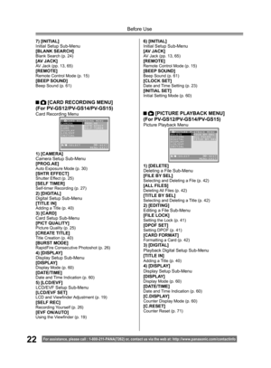 Page 2222For assistance, please call : 1- 800-211- PANA(7262) or, contact us via the web at: http://w w w.panasonic.com /contactinfo
Before Use
  [PICTURE PLAYBACK MENU]
(For PV-GS12/PV-GS14/PV-GS15)
Picture Playback Menu 7) [INITIAL]
Initial Setup Sub-Menu
[BLANK SEARCH]
Blank Search (p. 24)[AV JACK]AV Jack (pp. 13, 65)[REMOTE]Remote Control Mode (p. 15)[BEEP SOUND]Beep Sound (p. 61)
  [CARD RECORDING MENU]
(For PV-GS12/PV-GS14/PV-GS15)
Card Recording Menu
1) [CAMERA]
Camera Setup Sub-Menu
[PROG.AE]
Auto...