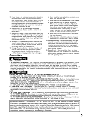 Page 55
15. Power Lines — An outside antenna system should not 
be located in the vicinity of overhead power lines or 
other electric light or power circuits, or where it can fall 
into such power lines or circuits. When installing an 
outside antenna system, extreme care should be taken 
to keep from touching such power lines or circuits as 
contact with them might be fatal.
16. Overloading — Do not overload wall outlets and 
extension cords as this can result in a risk of ﬁ 
re or 
electric shock.
17....