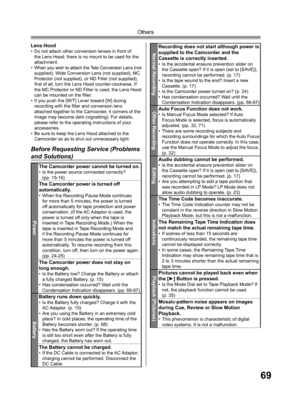 Page 6969
Others
Before Requesting Service (Problems 
and Solutions)
Power
The Camcorder power cannot be turned on.•   Is the power source connected correctly?
   (pp. 15-16)
The Camcorder power is turned off 
automatically.
•   When the Recording Pause Mode continues 
for more than 5 minutes, the power is turned 
off automatically for tape protection and power 
conservation. (If the AC Adaptor is used, the 
power is turned off only when the tape is 
inserted in Tape Recording Mode.) When the 
tape is inserted...