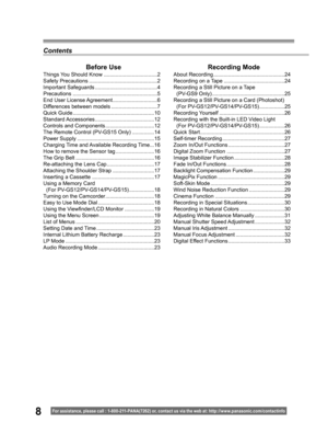 Page 88For assistance, please call : 1- 800-211- PANA(7262) or, contact us via the web at: http://w w w.panasonic.com /contactinfo
Contents
Before Use
Things You Should Know ....................................2
Safety Precautions ..............................................2
Important Safeguards ..........................................4
Precautions .........................................................5
End User License Agreement ..............................6
Differences between models...