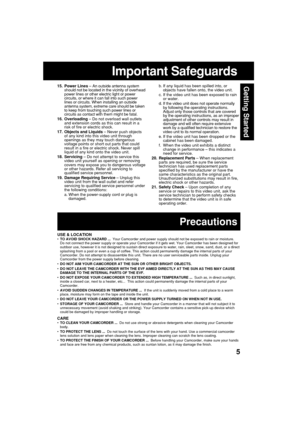 Page 55
Getting Started
USE & LOCATION•TO AVOID SHOCK HAZARD ...  Your Camcorder and power supply should not be exposed to rain or moisture.
Do not connect the power supply or operate your Camcorder if it gets wet. Your Camcorder has been designed for
outdoor use, however it is not designed to sustain direct exposure to water, rain, sleet, snow, sand, dust, or a direct
splashing from a pool or even a cup of coffee. This action could permanently damage the internal parts of your
Camcorder. Do not attempt to...