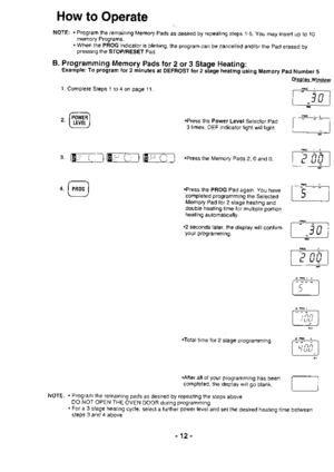 Page 13How to Operate
..,::...
NOTE: Program the remaining Memory Pads as desired by repeating steps 1-5. You may insert up to 10memory Programs.When the PROG indicator is blinking, the program can be cancelled and/or the pad erased bypressing the STOP/RESET Pad.
Display Window
_j!6 r,II .f n II JU IL___-=_j
,J, ,t-ltl
[?IF
Pmt2
lrl
tf I
__j!99_J__---
I rr I
,J 2
[F-ru]
urioer Ia---: - - l
It It__J
rg+------\I rnn II ttut IL__::J
d+i5I Lr tut II tLtLt IL---__-------___
tlII
B. Programming Memory Pads lor 2 or 3...