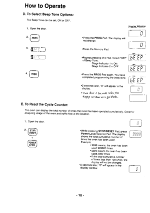 Page 17How to Operate
D. To Select Beep Tone Options:
The Beep Tone can be set, ON or OFF.
1. Open the door.
@
3 mll_l
Display Window
i---- nl
I ul
f- nl
I ul
trFTFl
oM2r.....-...---)
lbrrP I
tr t,l-
f--;
I Li
E. To Read the Cycle Counter:
1. Open the door.
.@
@
+
fPo!ml
ILEVEL
The. oven can display the total number of times the oven has been operated cumulatively. Great foranalyzing usage of the oven and traffic flow at the location.
.Press the PROG Pad. The displav willnot change.
.Press the Memory pad....