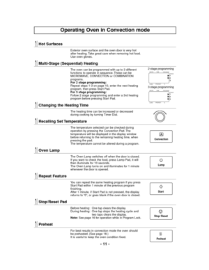 Page 11- 11 -
Hot Surfaces
Exterior oven surface and the oven door is very hot
after heating. Take great care when removing hot food.
Use oven gloves.
Multi-Stage (Sequential) Heating
The oven can be programmed with up to 3 different
functions to operate in sequence. These can be
MICROWAVE, CONVECTION or COMBINATION
programs.
For 2 stage programming:
Repeat steps 1-3 on page 10, enter the next heating
program, then press Start Pad.
For 3 stage programming:
Follow 2 stage programming and enter a 3rd heating...