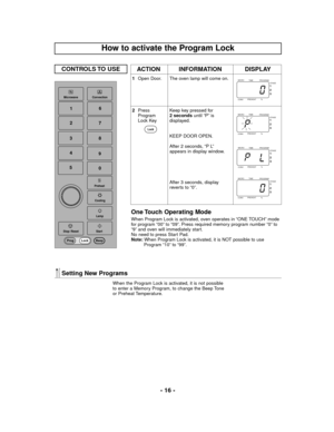 Page 16- 16 - CONTROLS TO  USE
8
7
6
5
3
9
Convection
StartMicrowave
Stop
Cooling
Lamp
Preheat
4
1
0
Prog Lock Beep
Reset
/
2
INFORMATION ACTION DISPLAY
1Open Door. The oven lamp will come on.
2Press
Program
Lock KeyKeep key pressed for 
2 seconds until “P” is
displayed.
KEEP DOOR OPEN.
After 2 seconds, “P L”
appears in display window.
After 3 seconds, display
reverts to “0”.
PROGRAM
1
2
3
TIME MICRO
% PREHEAT
CONVSTAGE
PROGRAM
1
2
3
TIME MICRO
% PREHEAT
CONVSTAGE
PROGRAM
1
2
3
TIME MICRO
% PREHEAT
CONVSTAGE...