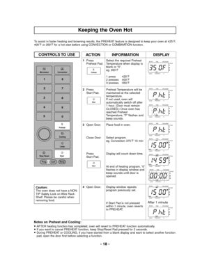 Page 18- 18 -
Notes on Preheat and Cooling:
!AFTER heating function has completed, oven will revert to PREHEAT function automatically.
!If you want to cancel PREHEAT function, keep Stop/Reset Pad pressed for 2 seconds.
!During PREHEAT or COOLING, if you have started from a blank display and want to select another function
pad, open the door first before selecting a function.
CONTROLS TO  USE
8
7
6
5
3
2
9
Convection
StartMicrowave
Stop
Cooling
Lamp
Preheat
4
1
0
Prog Lock Beep
Reset
/
INFORMATION ACTION...