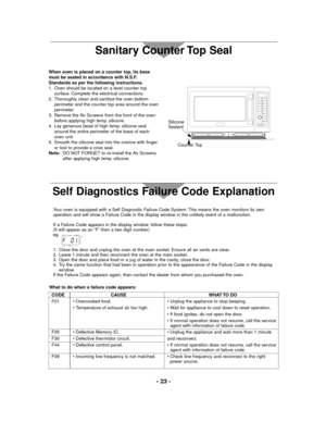 Page 23- 23 -
When oven is placed on a counter top, its base 
must be sealed in accordance with N.S.F.
Standards as per the following instructions.
1. Oven should be located on a level counter top
surface. Complete the electrical connections.
2. Thoroughly clean and sanitize the oven bottom
perimeter and the counter top area around the oven
perimeter.
3. Remove the Air Screens from the front of the oven
before applying high temp. silicone.
4. Lay generous bead of high temp. silicone seal
around the entire...