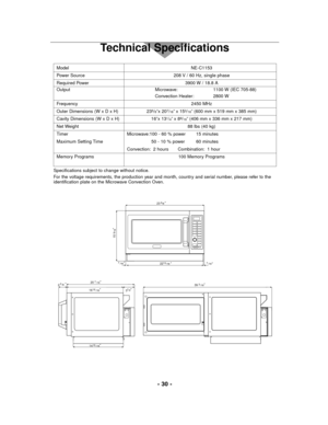 Page 30- 30 -
Technical Specifications
NE-C1153
208 V / 60 Hz, single phase
3900 W / 18.8 A
Microwave: 1100 W (IEC 705-88)
Convection Heater: 2800 W
2450 MHz
235/8”x 207/16”x 153/16” (600 mm x 519 mm x 385 mm)
16”x 131/4”x 89/16” (406 mm x 336 mm x 217 mm)
88 lbs (40 kg)
Microwave:100 - 60 % power 15 minutes
50 - 10 % power 60 minutes
Convection: 2 hours Combination: 1 hour
100 Memory Programs
6 6
15
22          13
/16
23 5
/8
 7
/16 7
/16
                     
                     
39
 3
/16          
14
 15...