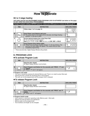 Page 11- 11 -
How to Operate
D. PROGRAM LOCK
INSTRUCTIONDIGITAL DISPLAY WINDOWPA D
1Keep the door closed.
☛Digital Display Window must be blank.
2Press Program Lock Button for five seconds until “PROG”, “P” and
“L” appear.
☛“PROG”, “P” and “L” will appear.
PROG LOCK
PROG
In Program Lock mode:
• The oven is started by pressing the desired Memory pad. There is no need to press Start pad.
• Opening the door cancels the remaining time on the program.
• The oven can not be programmed until the program lock is...