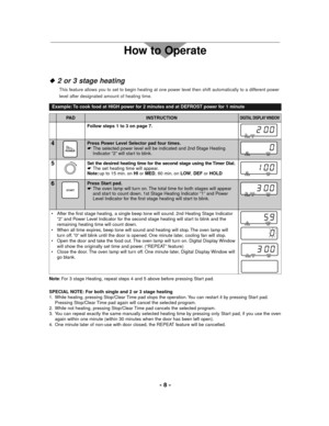 Page 8- 8 -
How to Operate
INSTRUCTIONDIGITAL DISPLAY WINDOWPA D
Follow steps 1 to 3 on page 7.
11STAGE HI
4Press Power Level Selector pad four times.
☛The selected power level will be indicated and 2nd Stage Heating
Indicator “2” will start to blink.
POWER11STAGE DEF2
5Set the desired heating time for the second stage using the Timer Dial.
☛The set heating time will appear.
Note:up to 15 min. on HIor MED, 60 min. on LOW, DEFor HOLD
11STAGE DEF2
6Press Start pad.
☛The oven lamp will turn on. The total time for...