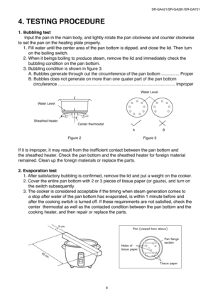 Page 9
9
SR-GA421/SR-GA281/SR-GA721

4. TESTING PROCEDURE
1. Bubbling testInput the pan in the main body, and lightly rotate the pan clockwise and counter clockwise 
to set the pan on the heating plate properly.
1.  Fill water until the center area of the pan bottom is dipped, and close the lid.  Then turn 
on the boiling switch.
2. When it beings boiling to produce steam, remove the lid and immediately check the 
bubbling condition on the pan bottom.
3. Bubbling condition is shown in ﬁgure 3.
A. Bubbles...