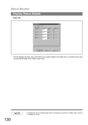 Page 130Status Monitor
130
Display Status Details
Paper Tab
The tab displays the type, size, and if there is any paper loaded in the paper tray. A comment by the user
can be entered freely in the  field.
NOTE1. Changing the types of loaded paper does not change the comment in  unless it
is rewritten by a user. 