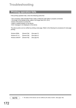 Page 172172
Troubleshooting
Troubleshooting
If the printing operation fails, check the following points first:
 The connection cable (Parallel Printer Cable or Ethernet LAN Cable) is properly connected.
 The length of the parallel printer cable is not longer than 20 ft. (6 m).
 Power of the device is turned ON.
 Paper is loaded properly on the device.
 Error message is not displayed on the device.
The above points can be verified by printing a test page. Refer to the following for procedures for test page...