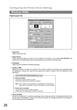 Page 26Configuring the Printer Driver Settings
26
Windows 98/Me
Paper/Layout Tab 
1.Paper Size
Select a document size.
2.Paper Source
Specify where the paper you want to use is located in the machine. If you choose Auto Selection, the
printer driver will automatically select an appropriate tray according to the Paper Size.
3.Orientation
Select the print orientation (Portrait/Landscape).
4.Copies (1-999)
Specify the number of copies to be printed. If the number of copies to be printed can be specified within
the...