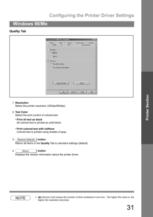 Page 31Configuring the Printer Driver Settings
31
Windows 98/Me
Printer Section
Quality Tab
1.Resolution
Select the printer resolution (300dpi/600dpi).
2.Text Color
Select the print control of colored text.
Print all text as black
All colored text is printed as solid black.
Print colored text with halftone
Colored text is printed using shades of gray.
3. button
Return all items in the Quality Tab to standard settings (default).
4. button
Displays the version information about the printer driver.
NOTE1.dpi...